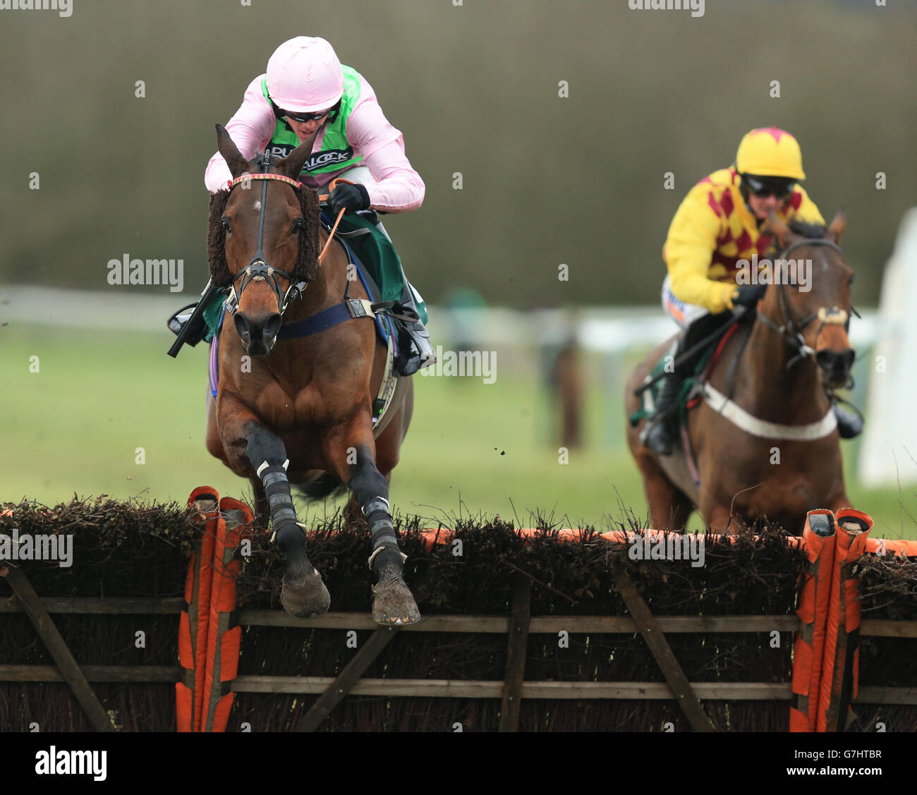 St Johns Point von Jason Maguire springt am letzten Um das Hurdle Race von Noble Events zu gewinnen Stockfoto