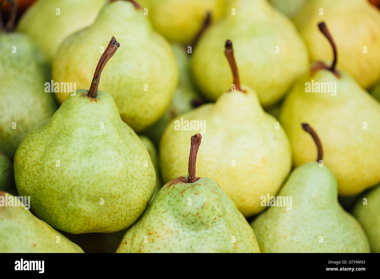 Grüne und gelbe reife Birnen auf einem Bauernmarkt. Früchte-Hintergrund Stockfoto