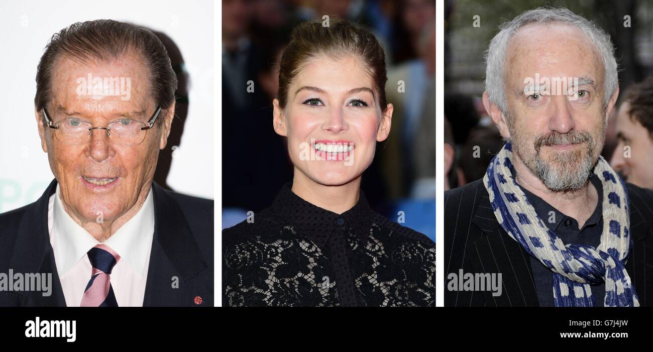 Fotos von (von links) Sir Roger Moore, Rosamund Pike und Jonathan Pryce. Stockfoto