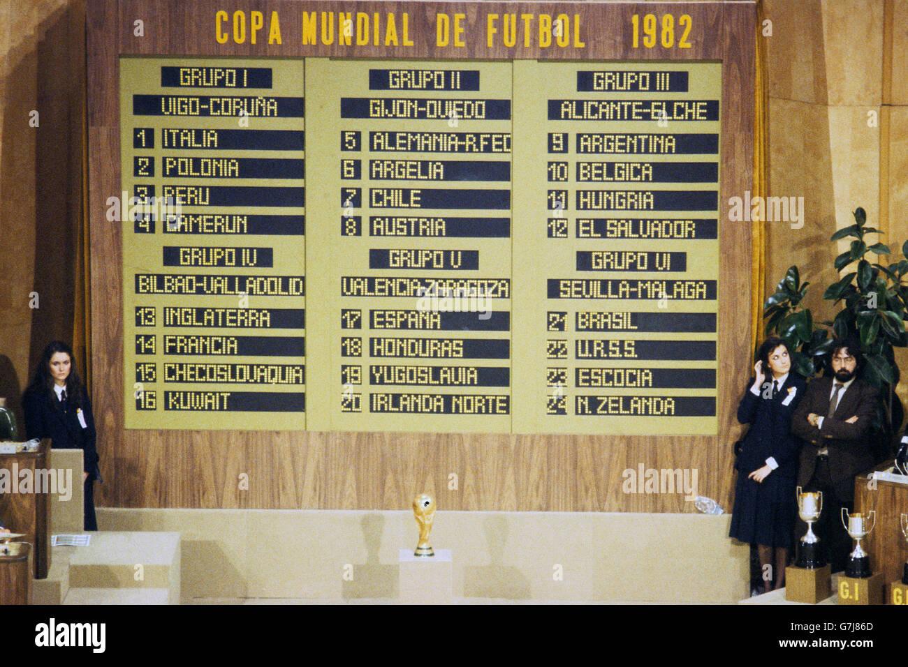 Die letzten Gruppen für die WM 1982 in Spanien nach der ersten Auslosung mussten neu gemacht werden, nachdem festgestellt wurde, dass keiner der kleinen Fußbälle, in denen sich die Namensauszüge befinden, Slips für Chile oder Peru hatte. Schottland wurde auch in der falschen Gruppe platziert und einer der Käfige, in denen die Bälle eingeklemmt waren. Stockfoto