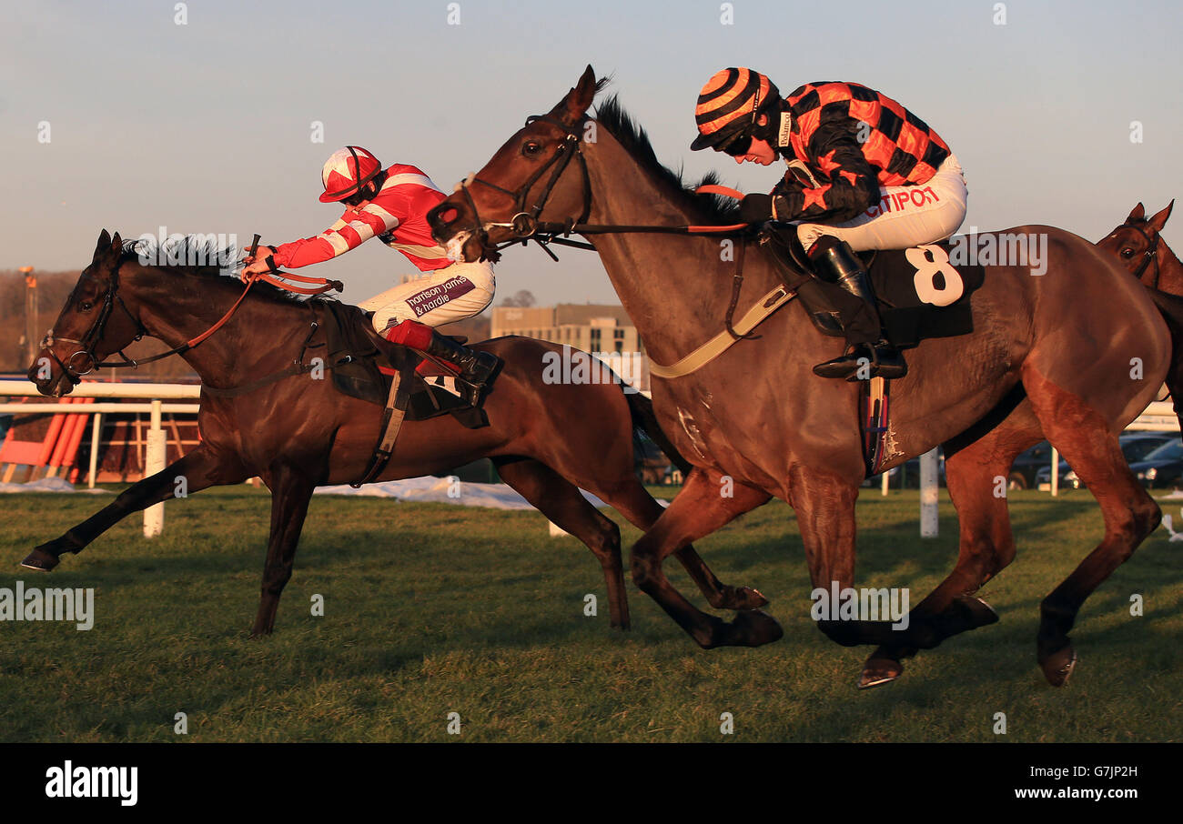 Polamco (rechts), geritten von Noel Fehily, gewinnt das Betfred 'Follow US on Facebook' Handicap Hurdle Race vor dem zweitplatzierten Morito Du Berlais (links), geritten von Sam Twiston-Davies, während des Betfred Challow Hurdle Day auf der Newbury Racecourse, Berkshire. Stockfoto