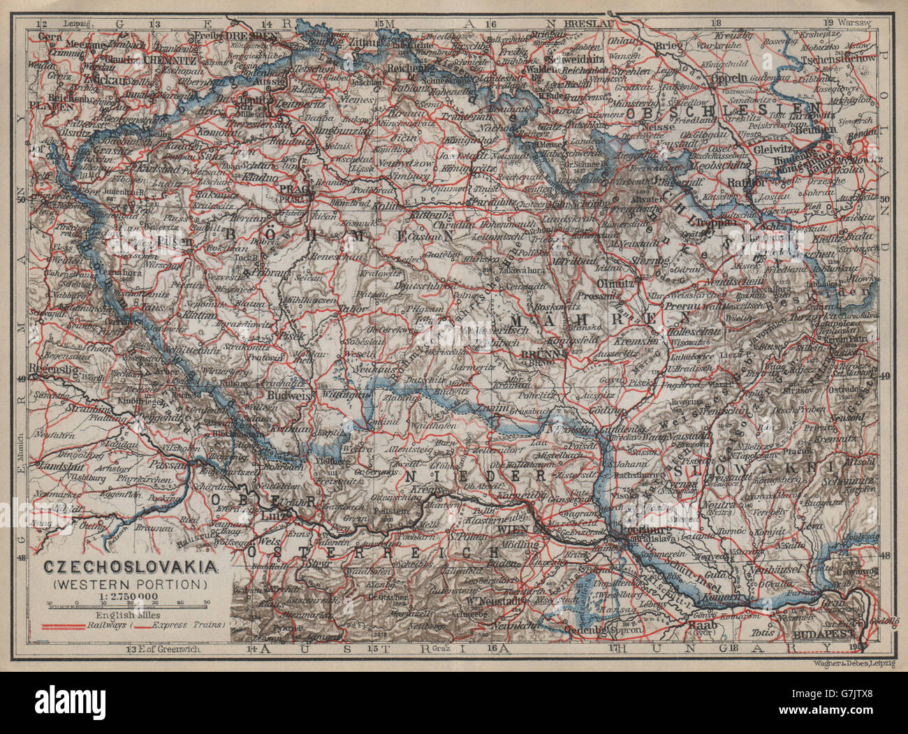 TSCHECHOSLOWAKEI (WESTTEIL). Böhmen-Mähren. Tschechische Republik Mapa, 1929 Stockfoto TSCHECHOSLOWAKEI (WESTTEIL). Böhmen-Mähren. Tschechische Republik Mapa, 1929 Stockfoto
