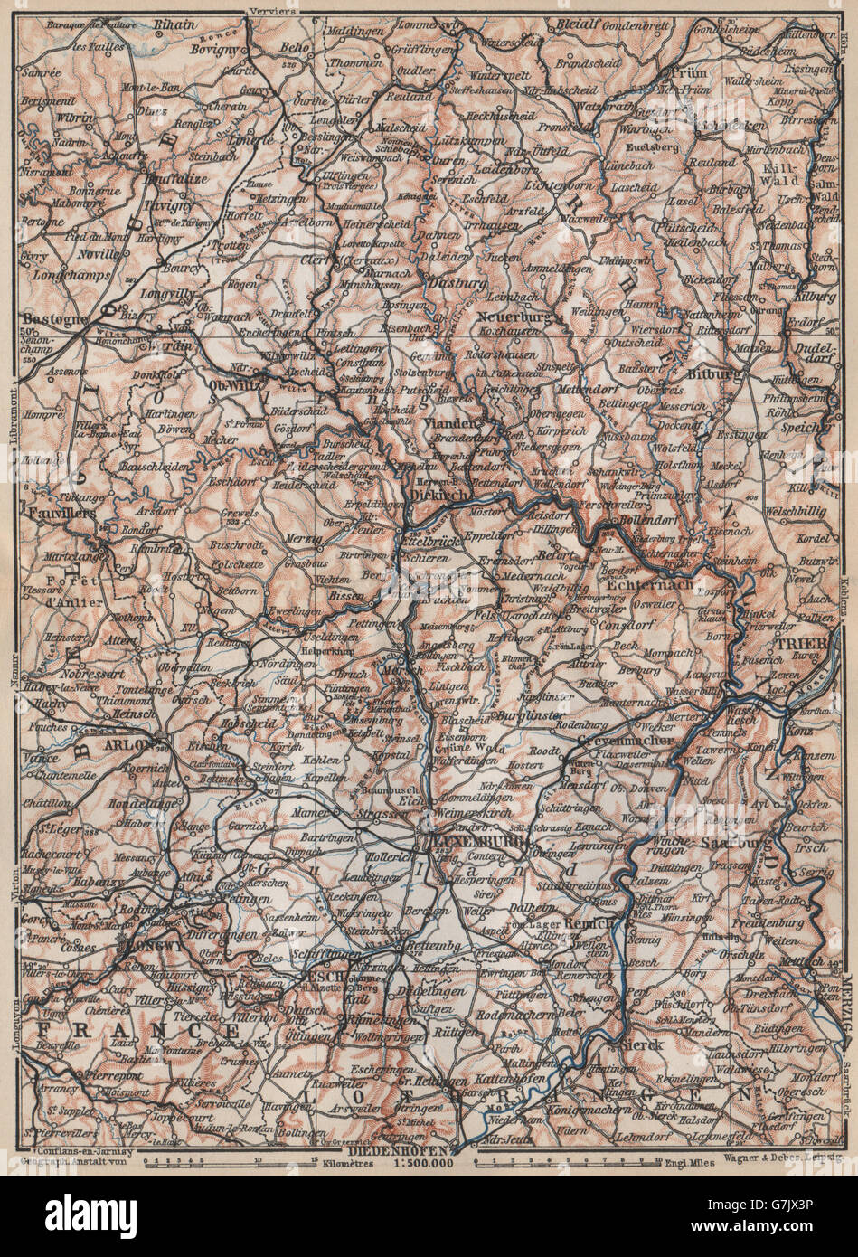 Das GROßHERZOGTUM LUXEMBURG Luxemburg Topo-Karte Carte. BAEDEKER, 1897 Stockfoto