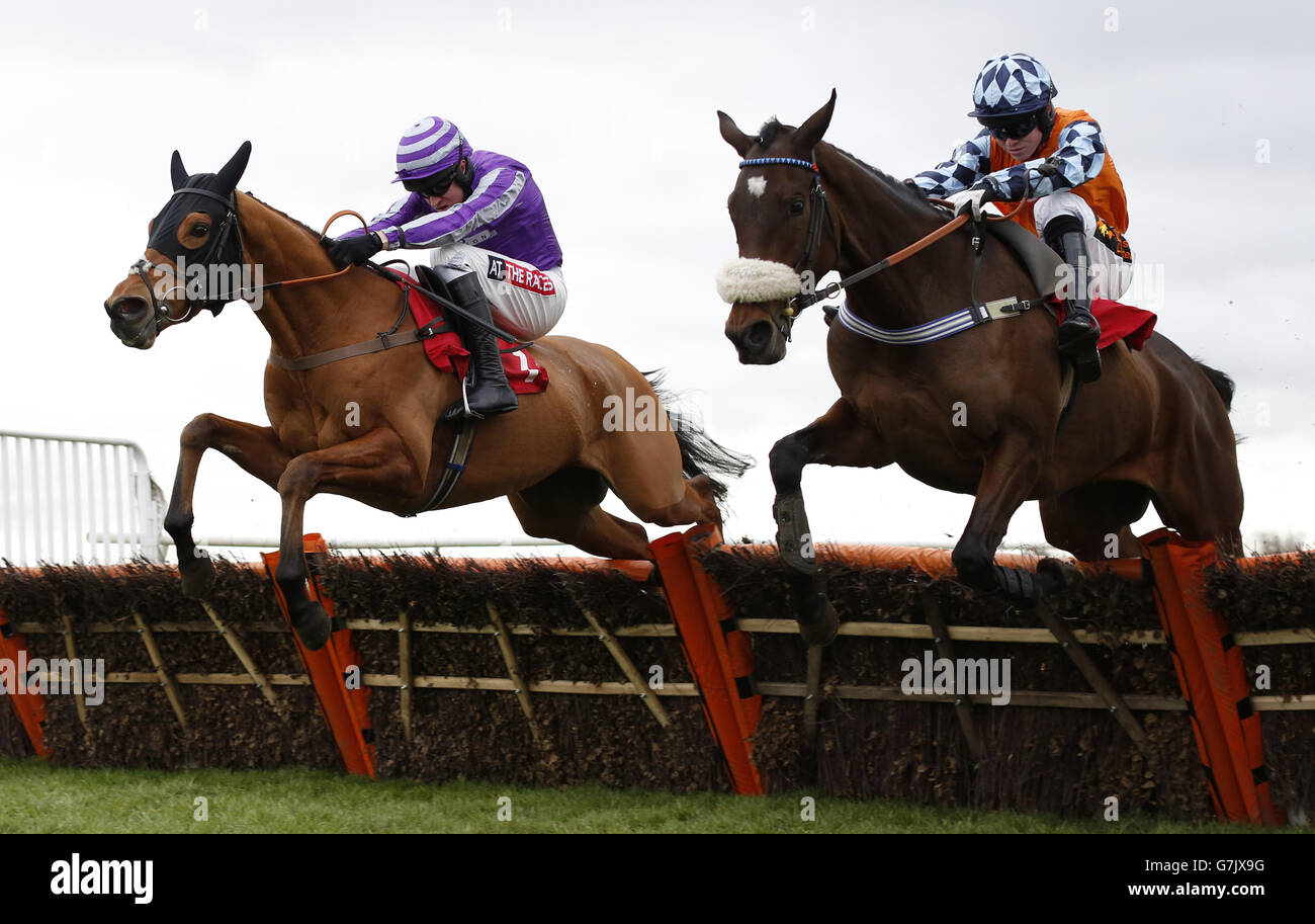 Officer-Drivel von Barry Geraghty (links) räumt mit What A Scorcher von Thomas Garner den letzten Zaun, bevor er den William Hill gewinnt - im App Store Juvenile Hurdle Race während des William Hill Lanzarote Hurdle Day auf der Kempton Park Racecourse. Stockfoto