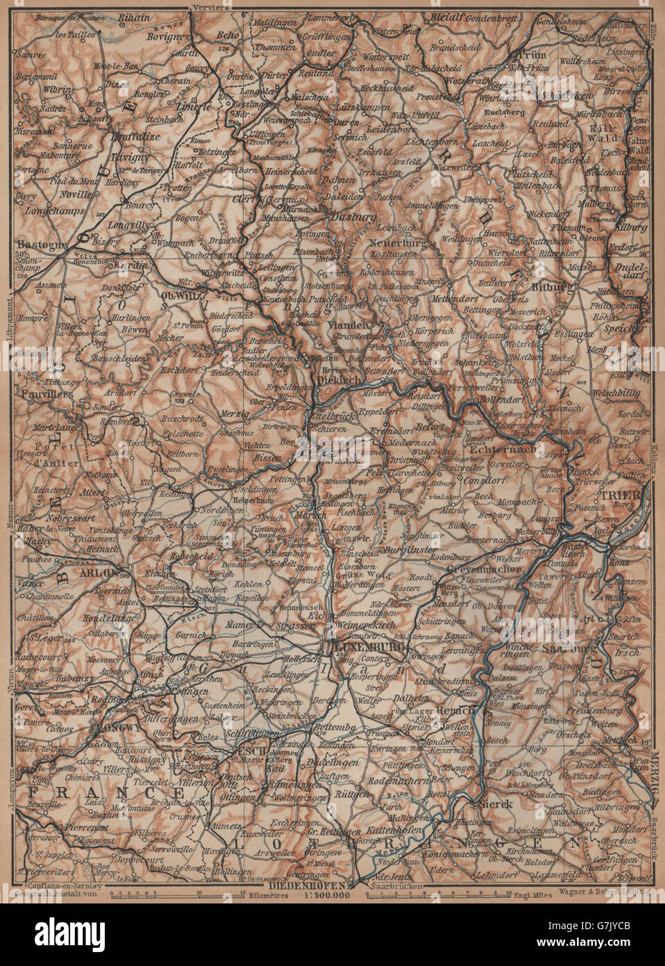 Das GROßHERZOGTUM LUXEMBURG Luxemburg Topo-Karte Carte. BAEDEKER, 1901 Stockfoto