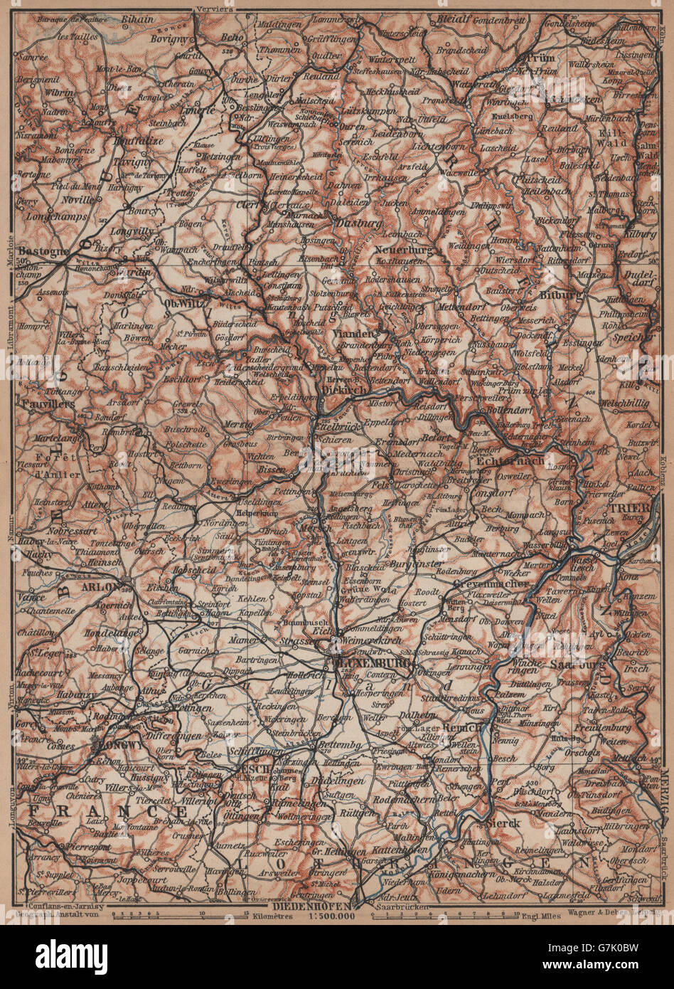 Das GROßHERZOGTUM LUXEMBURG Luxemburg Topo-Karte Carte. BAEDEKER, 1905 Stockfoto