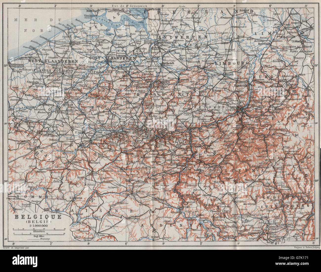 Übersichtskarte Belgien BELGIQUE BELGIE. Provinzen Carte. BAEDEKER, 1910 Stockfoto
