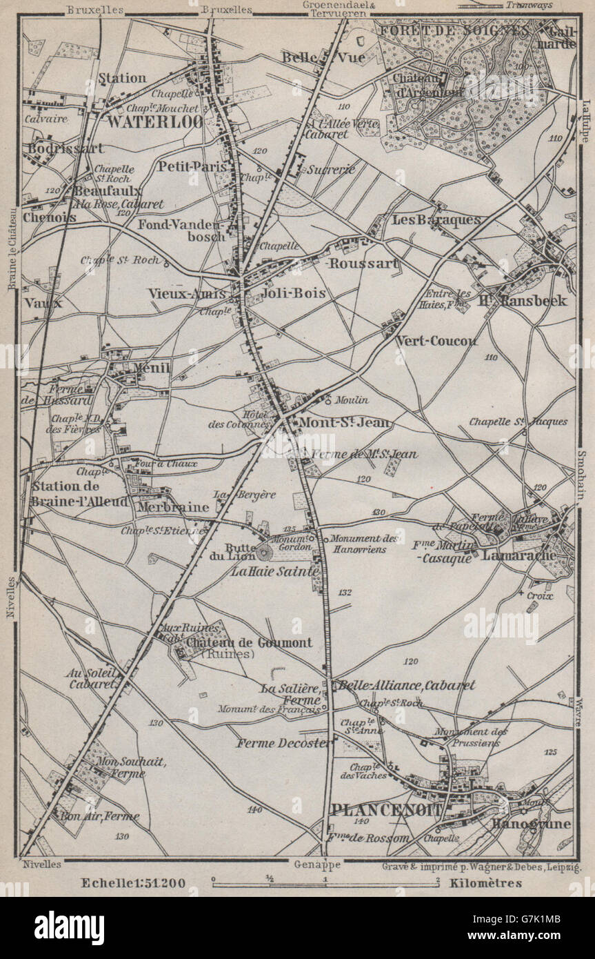 DAS SCHLACHTFELD VON WATERLOO. Plancenoit. Belgien-Carte. BAEDEKER, 1910 alte Karte Stockfoto