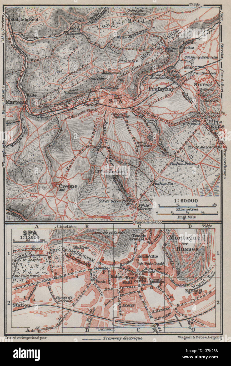 SPA-UMGEBUNG. Creppe. Belgien-Carte. BAEDEKER, 1910 Antike Landkarte Stockfoto