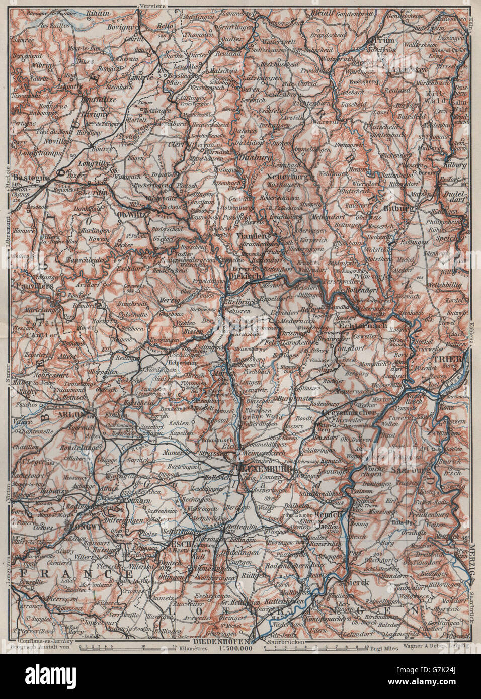 Das GROßHERZOGTUM LUXEMBURG Luxemburg Topo-Karte Carte. BAEDEKER, 1910 Stockfotografie - Alamy
