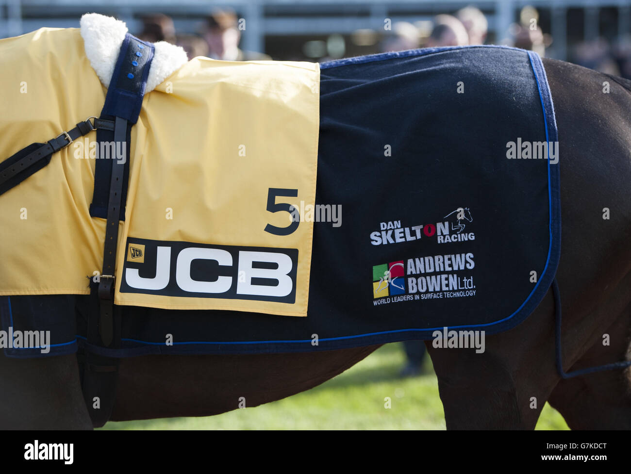 Pferderennen - Festival Trials Day - Cheltenham Racecourse. JCB-Branding auf einem Pferd auf der Pferderennbahn Cheltenham Stockfoto