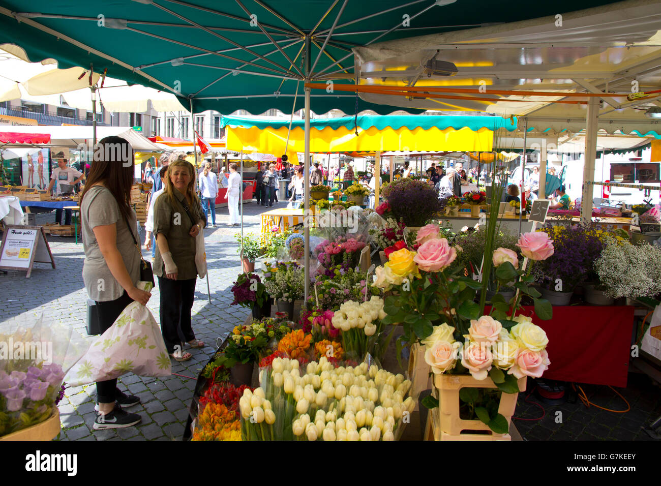 Die Stadtmarkt, täglich am Marktplatz im Zentrum Stadt bietet eine Fülle von Obst und Gemüse, Blumen und Fleisch. Stockfoto