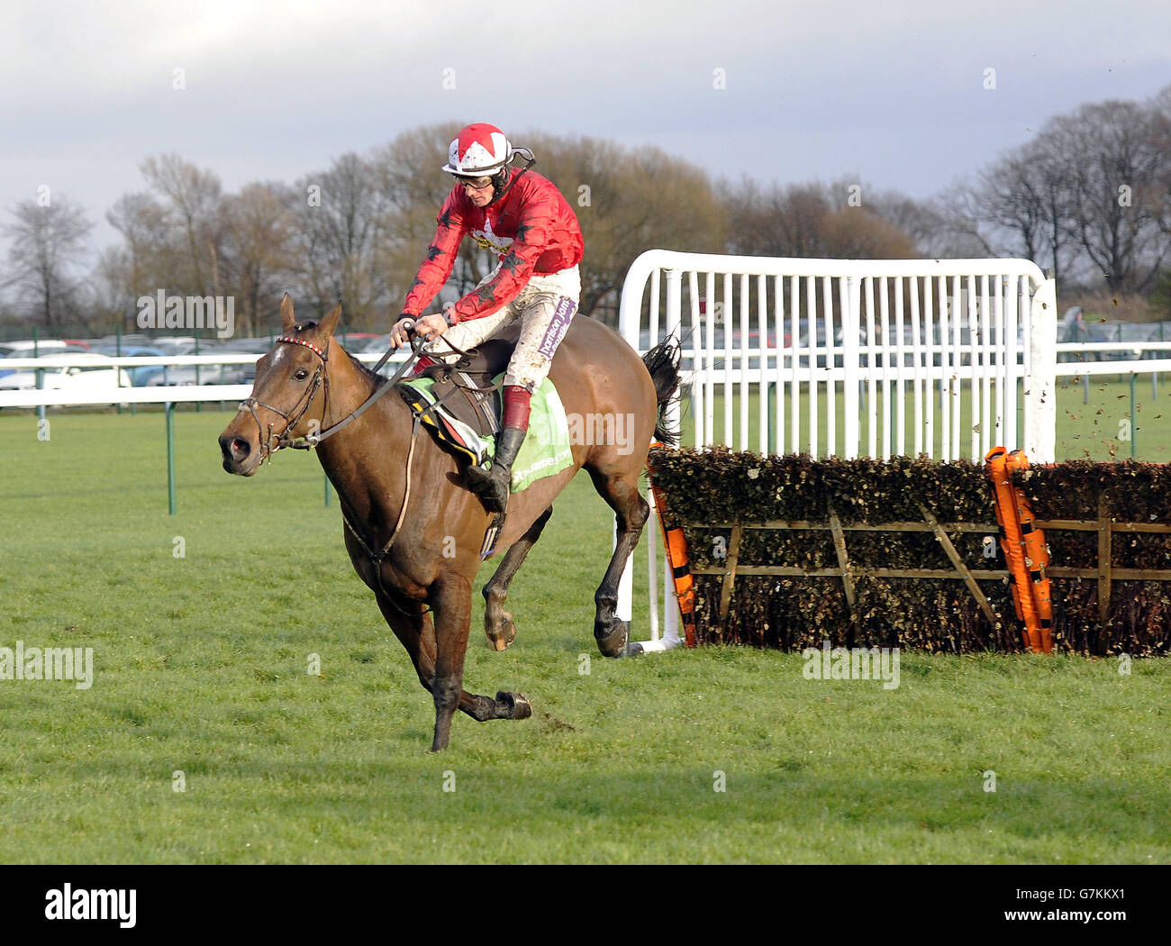 Die New One von Sam Twiston-Davies springen den letzten Flug auf ihrem Weg zum Sieg im Champion Hurdle Trial StanJames.com während des Peter Marsh Chase Day auf der Haydock Park Racecourse, Newton-le-Willows. Stockfoto