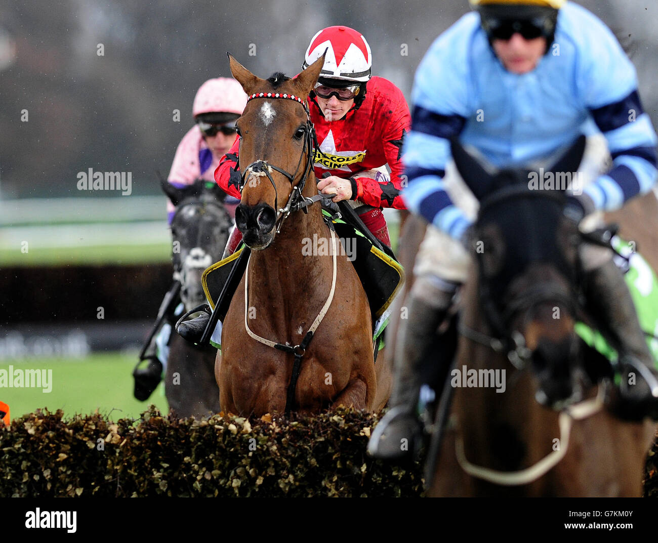 Die New One von Sam Twiston-Davies (Mitte) springen den ersten Flug auf ihrem Weg zum Sieg im Champion Hurdle Trial StanJames.com während des Peter Marsh Chase Day auf der Haydock Park Racecourse, Newton-le-Willows. Stockfoto