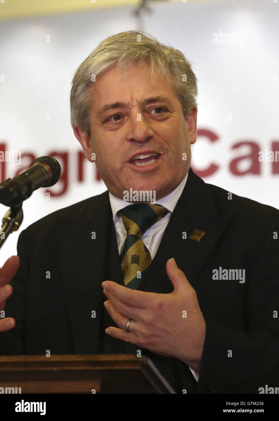 Der Sprecher des Unterhauses, John Bercow, spricht im Palast von Westminster, London, über das Vermächtnis der Magna Carta, anlässlich der Maqna Carta und der Ausstellung des Parlaments. Stockfoto