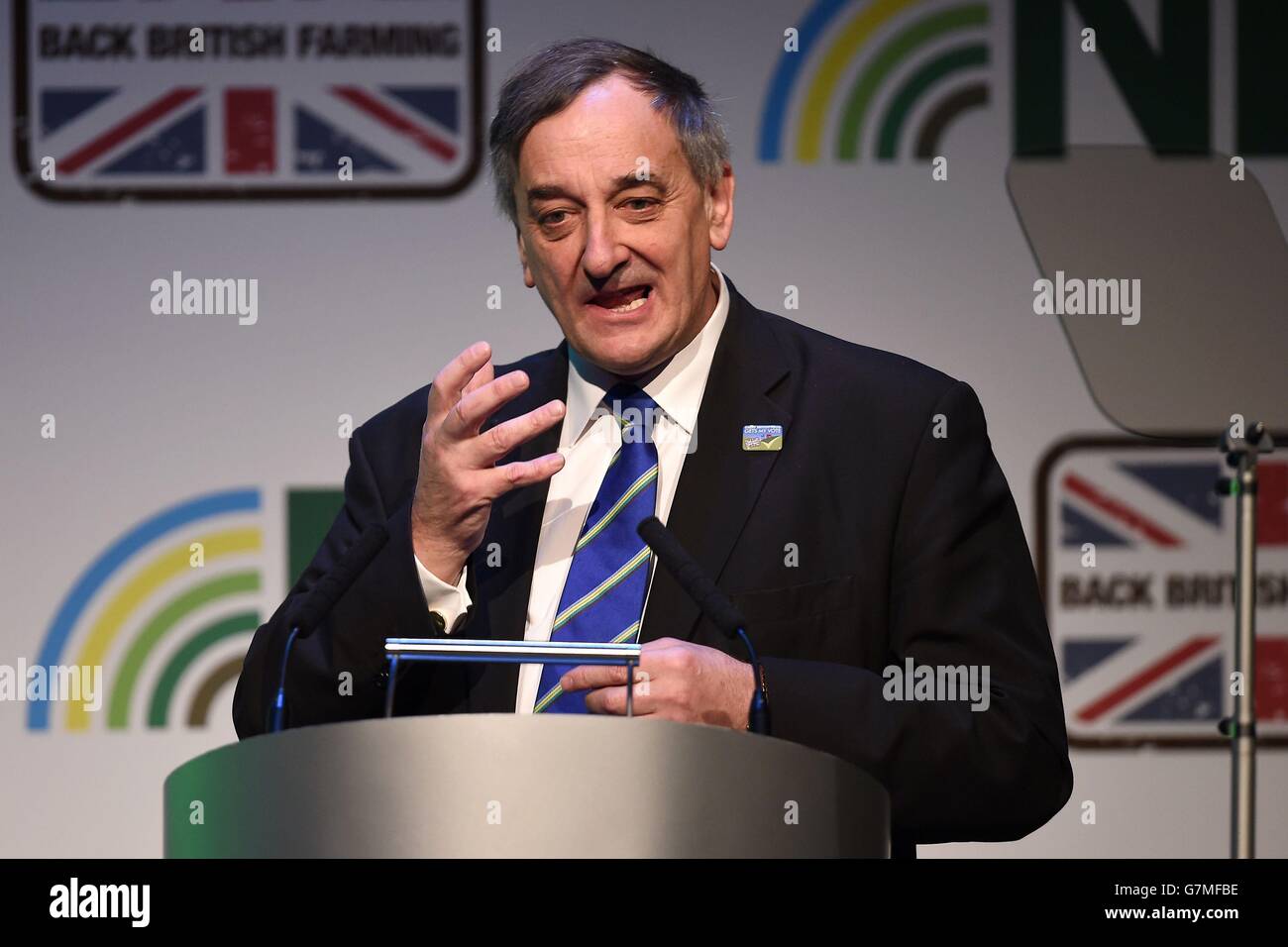 NFU-Konferenz 2015. Präsident der nationalen Bauerngewerkschaft Meurig Raymond während der NFU-Konferenz 2015 im ICC, Birmingham. Stockfoto