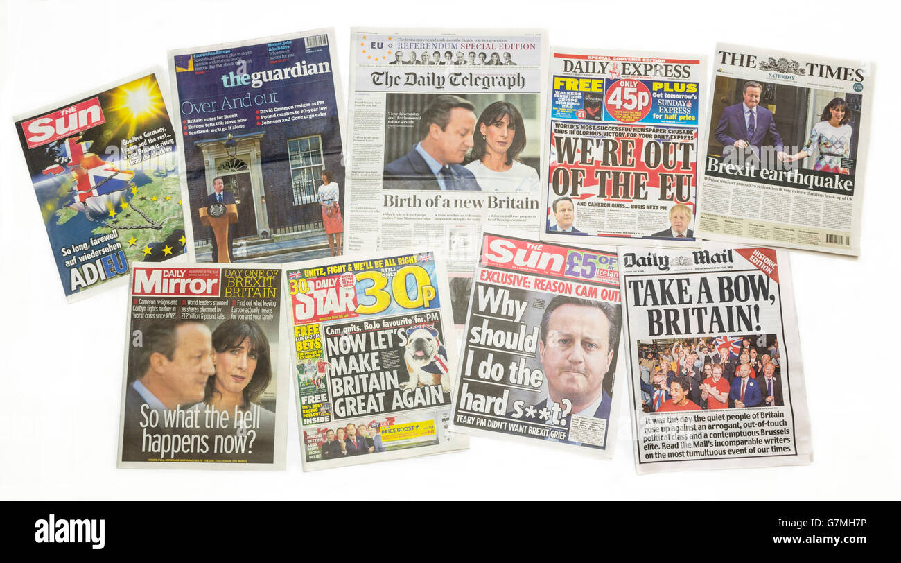 Britische Zeitung Front Seiten Berichterstattung Premierminister David Cameron Rücktritt nach dem EU-Referendum am 23. Juni 2016. Stockfoto
