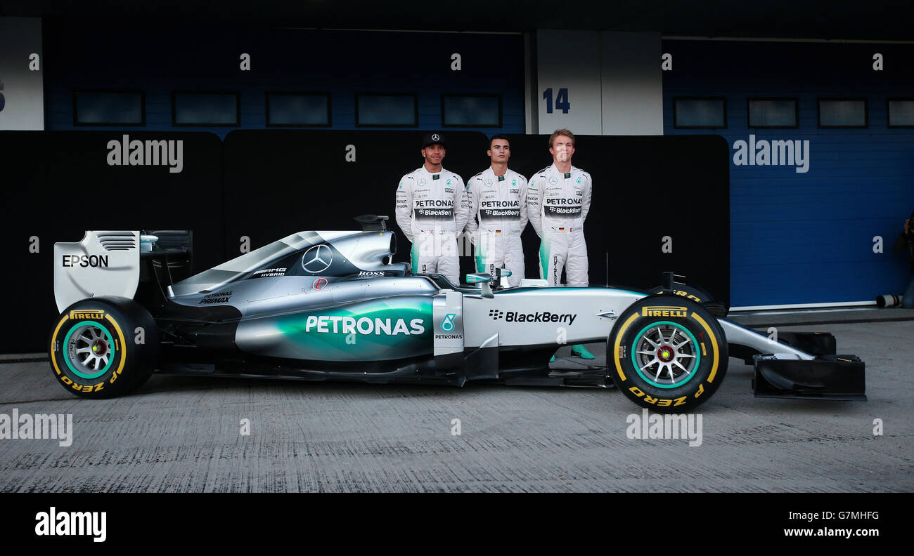 (Von links nach rechts) Lewis Hamilton, Pascal Wehrlein und Nico Rosberg während des Vorsaison-Tests auf dem Circuito De Velocidad in Jerez, Spanien. Stockfoto