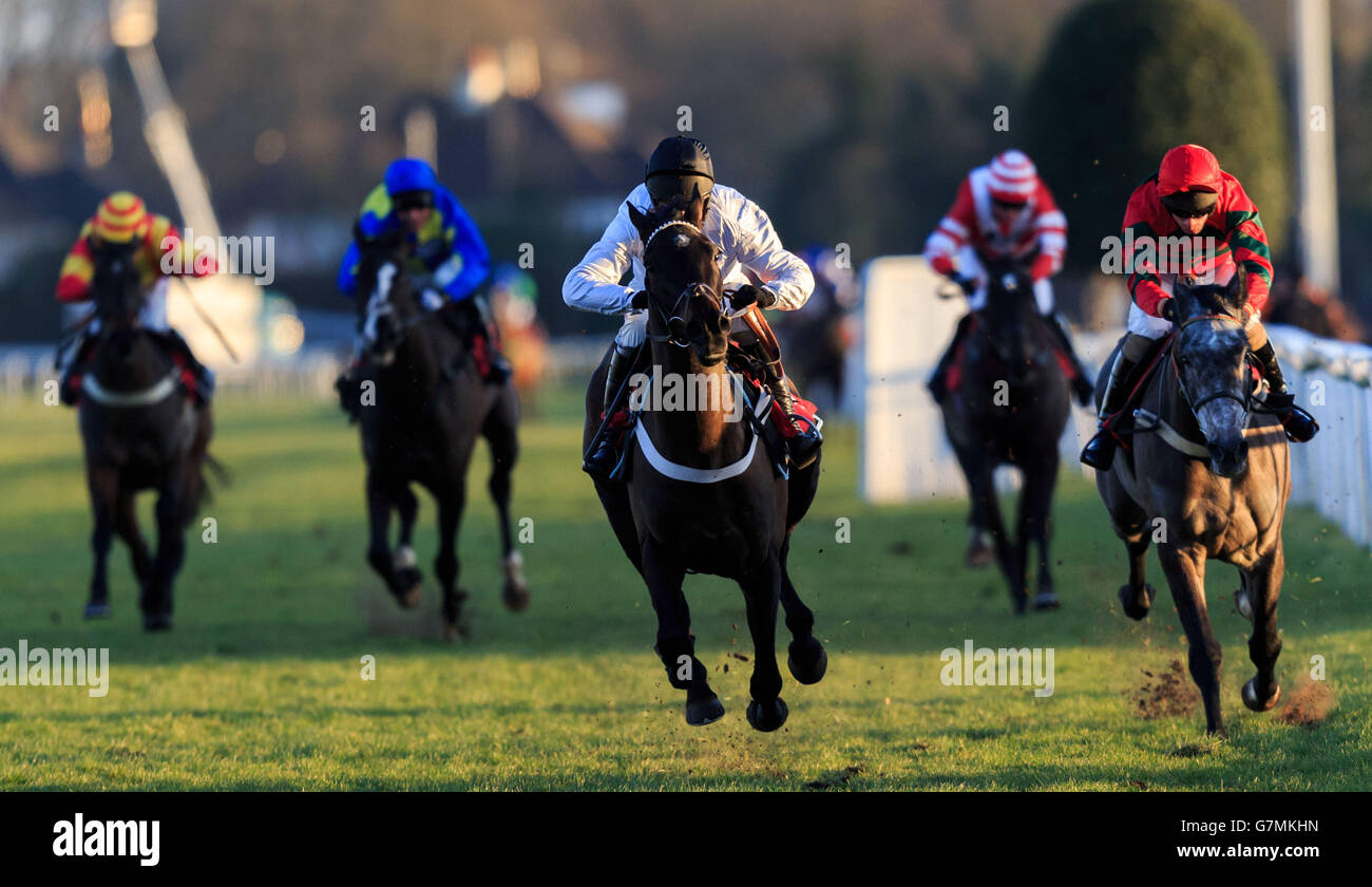 Newsworthy (Mitte) mit Barry Geraghty kommt nach Hause, um racinguk.com das Maiden Open NH Flat Race, Division One auf der Kempton Park Racecourse, Surrey, zu gewinnen. Stockfoto