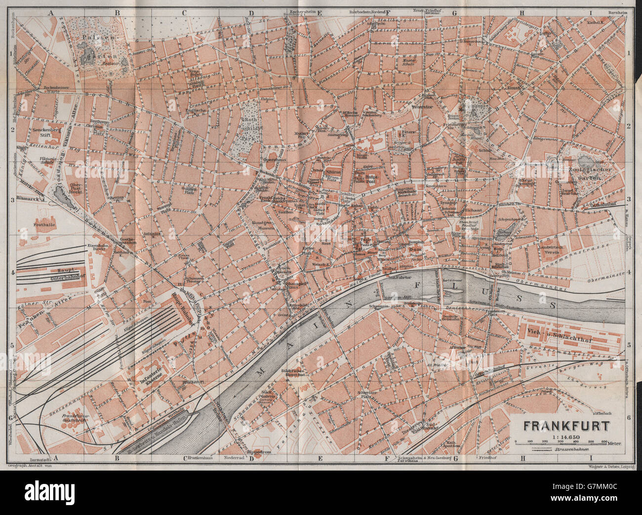 FRANKFURT AM MAIN antiken Stadt Stadt attraktivem. Hessen Karte. BAEDEKER, 1913-Karte Stockfoto