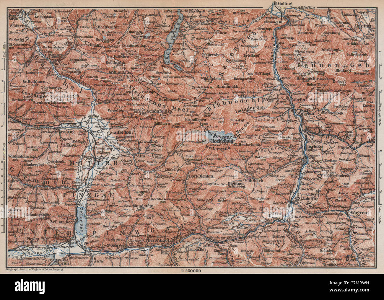 INFO & UMGEBUNG. Saalfelden Tazenbach Golling Zel-am-See, Wagrain, 1899-Karte Stockfoto