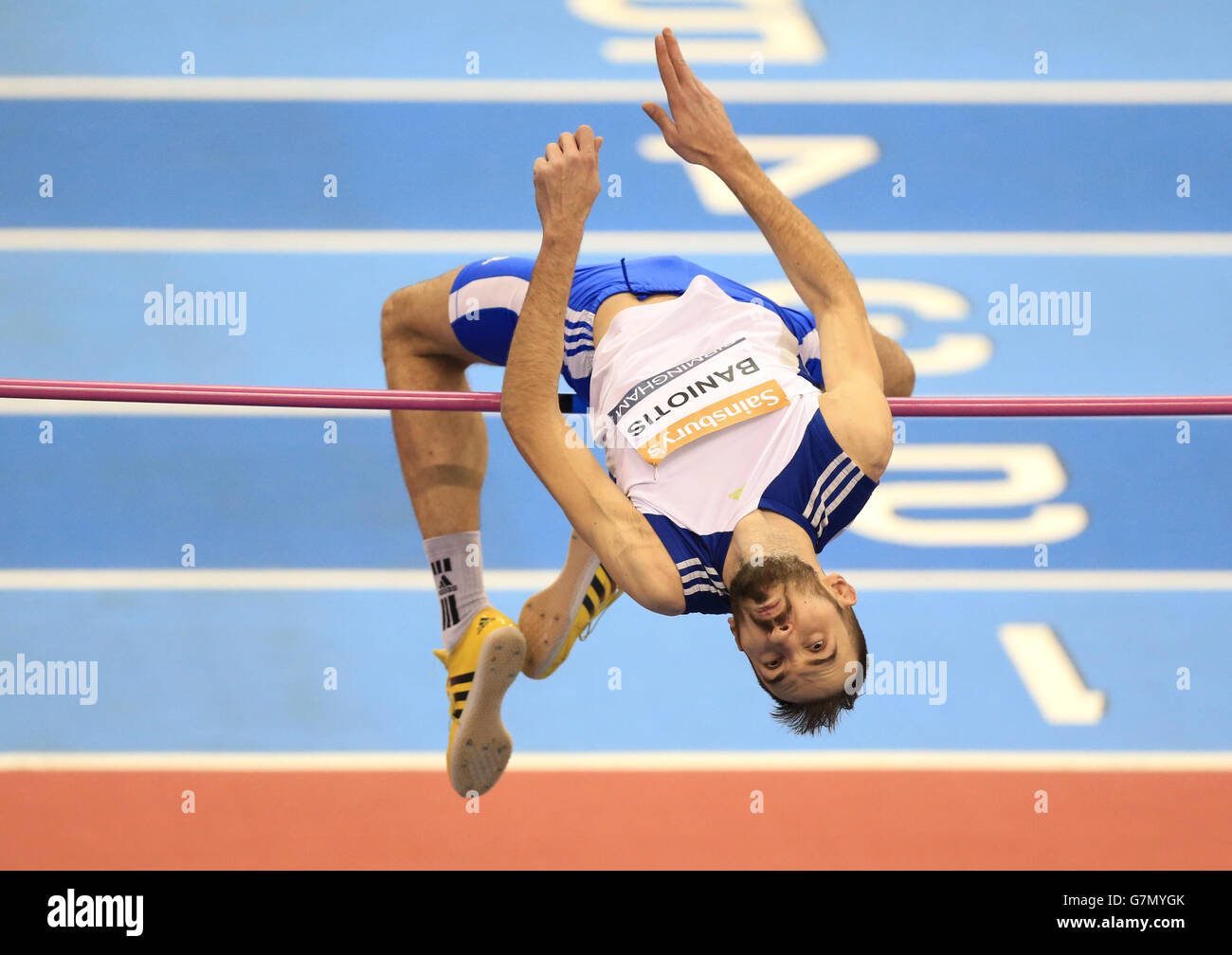 Griechenlands Konstantinos Baniotis im Herrenhochsprung beim Sainsbury's Indoor Grand Prix in der Barclaycard Arena, Birmingham. DRÜCKEN Sie VERBANDSFOTO. Bilddatum: Samstag, 21. Februar 2015. Bildnachweis sollte lauten: Mike Egerton/PA Wire Stockfoto