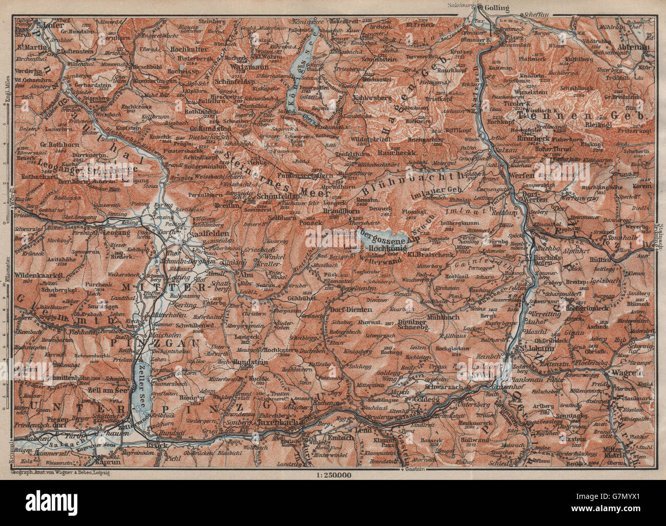 INFO & UMGEBUNG. Saalfelden Tazenbach Golling Zel-am-See, Wagrain, 1911-Karte Stockfoto