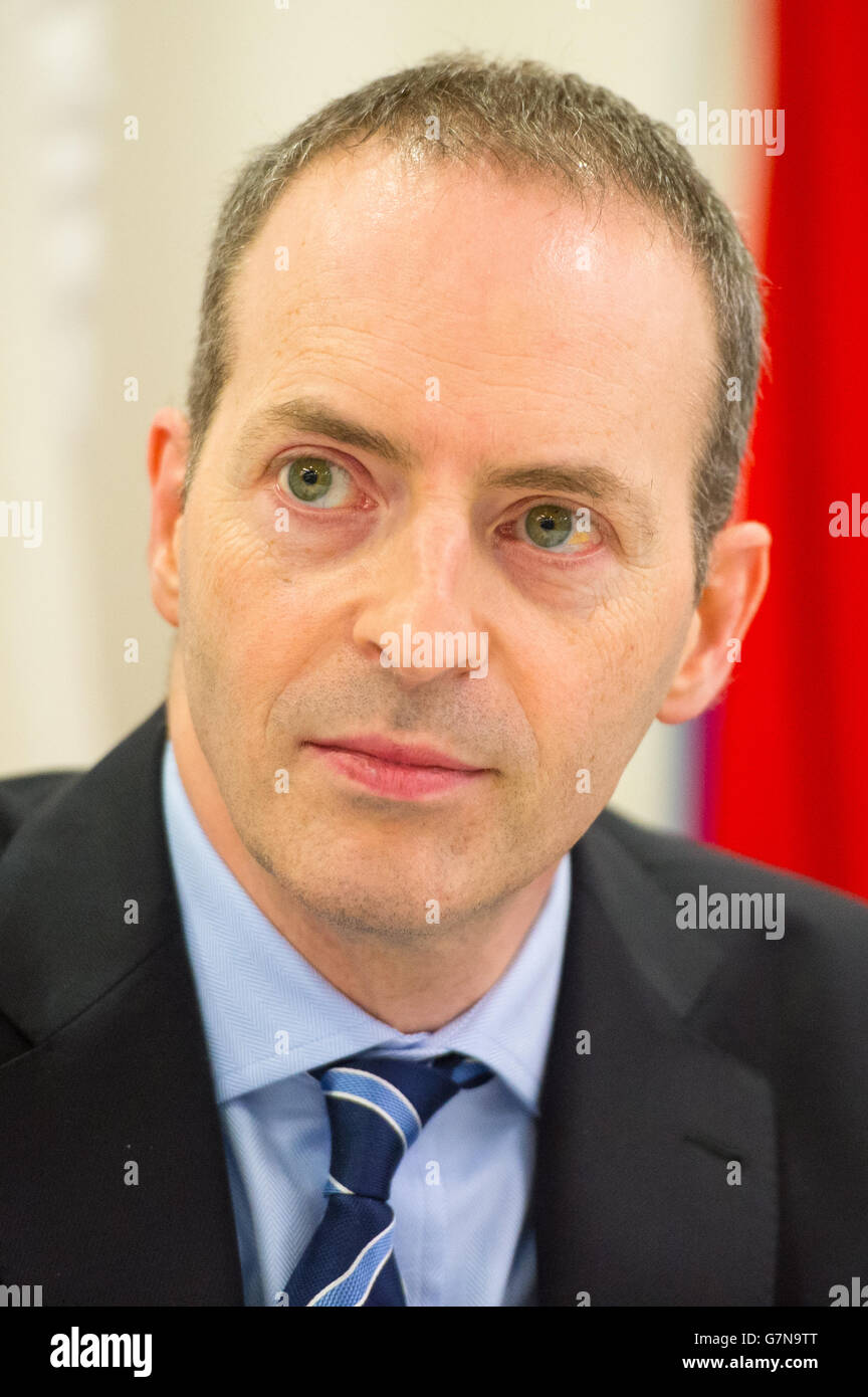 Lord Ian Livingston, Minister für Handel und Investitionen, spricht bei einem öffentlichen Treffen zum Freihandelsabkommen zwischen der EU und den USA TTIP im Europahaus in Westminster, London. DRÜCKEN Sie VERBANDSFOTO. Bilddatum: Montag, 16. Februar 2015. Bildnachweis sollte lauten: Dominic Lipinski/PA Wire Stockfoto