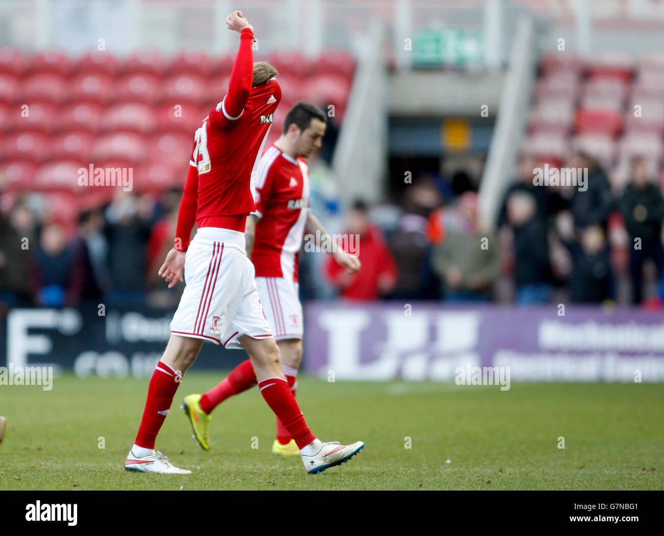 Patrick Bamford von Middlesbrough ist nach ihrer Heimniederlage gegen Leeds United während des Sky Bet Championship-Spiels im Riverside Stadium, Middlesbrough, mit einem Truck davongekommen. Stockfoto