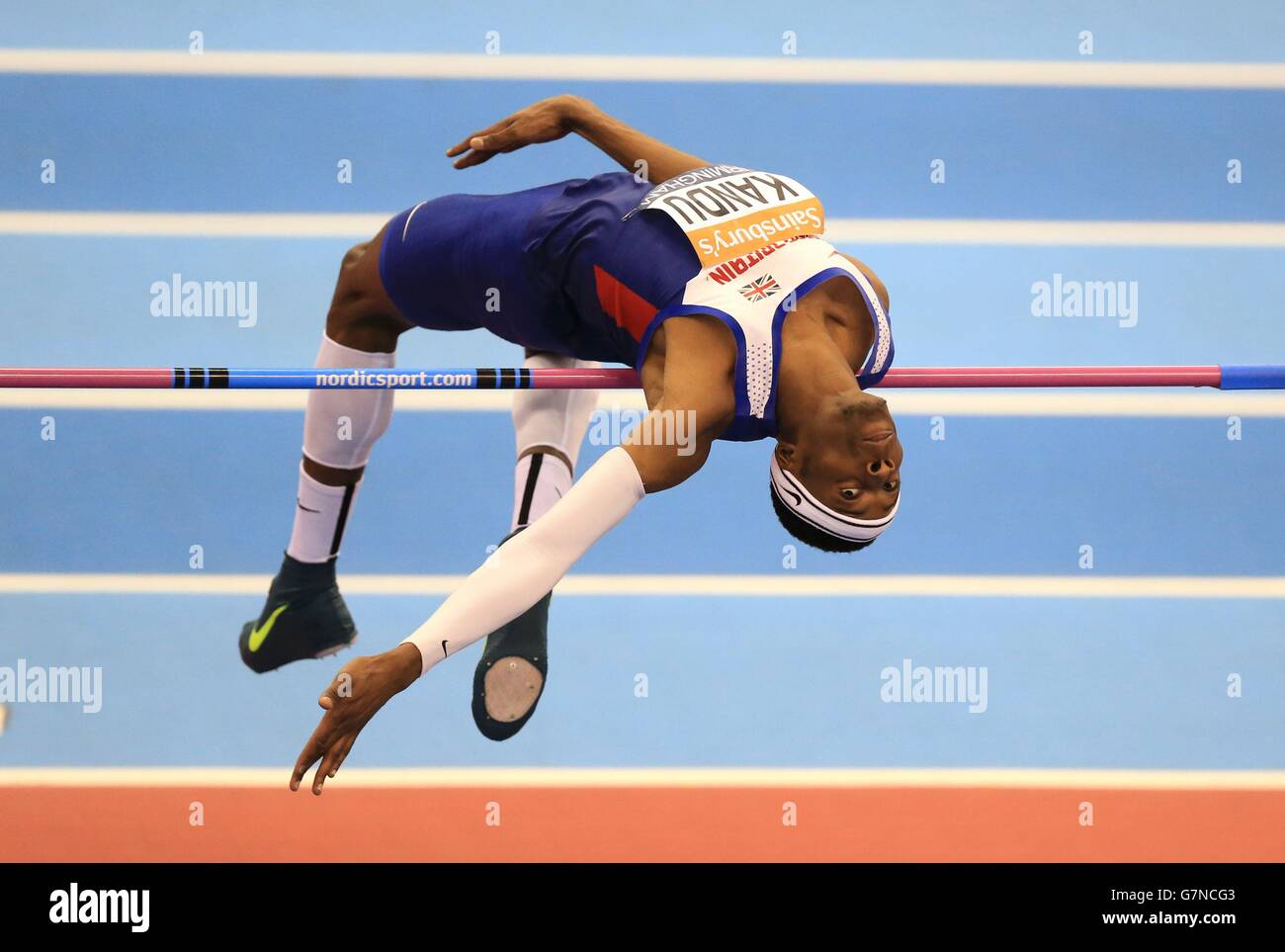 Chris Kandu im Hochsprung der Männer beim Sainsbury's Indoor Grand Prix in der Barclaycard Arena, Birmingham. Stockfoto