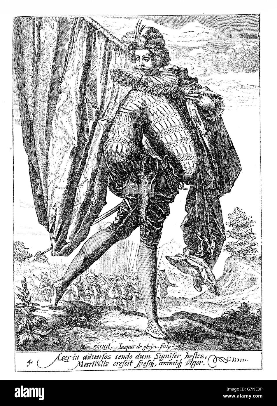 1600, bewachen Abbildung Darstellung ein Fahnenträger mit Flagge von Rudolf II. von Habsburg, Kaiser des Heiligen Römischen Reiches, König von Böhmen und Erzherzog von Österreich Stockfoto