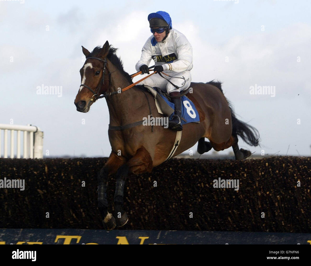Newbury - cantorspreadfair.com Handicap Steeple Chase. König Harald, der von Matthew Batchelor auf dem Weg zum Sieg geritten wurde. Stockfoto