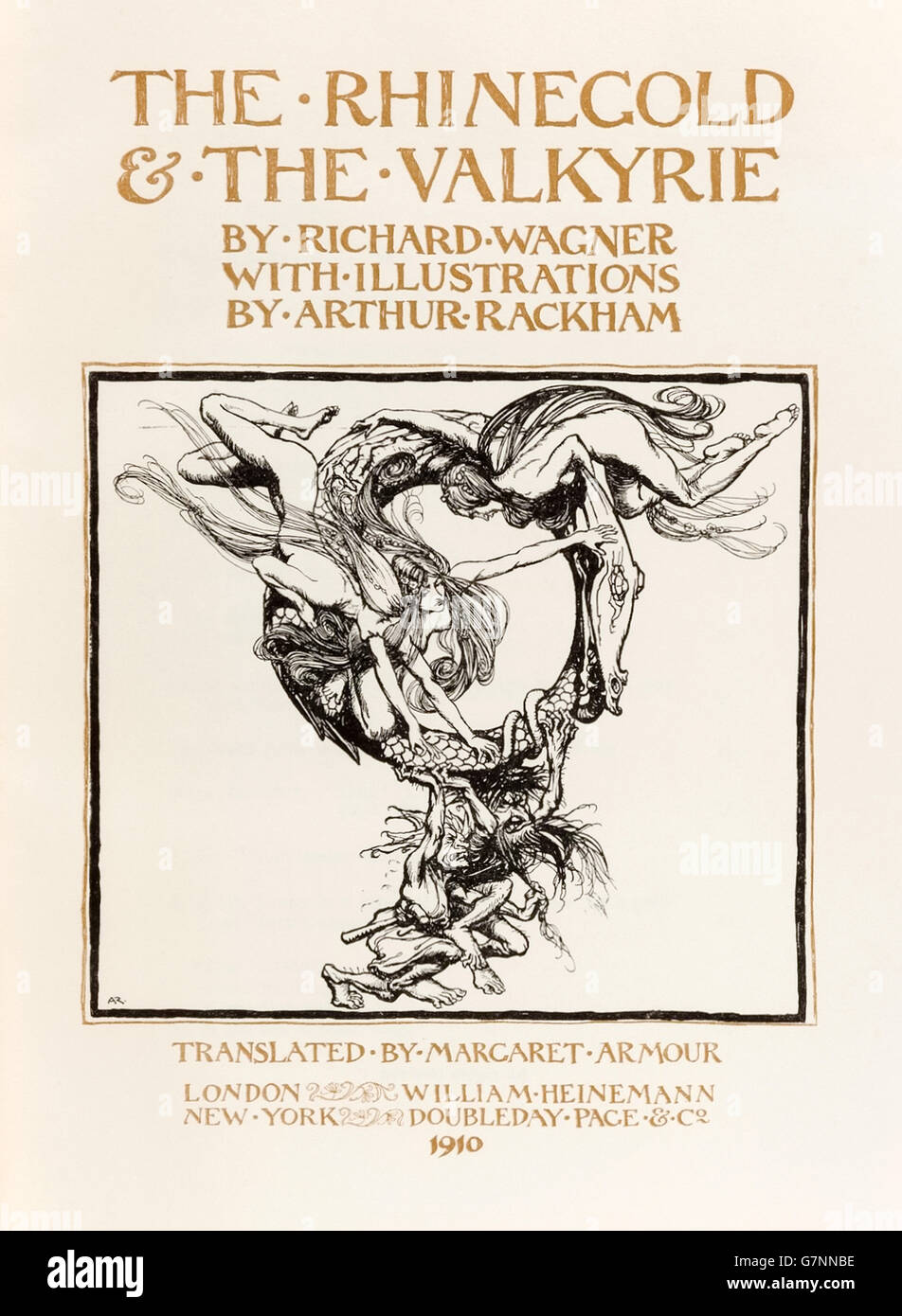 Titelseite von "Das Rheingold & Walküre" illustriert von Arthur Rackham (1867-1939), Erstausgabe veröffentlichte im Jahr 1910. Stockfoto