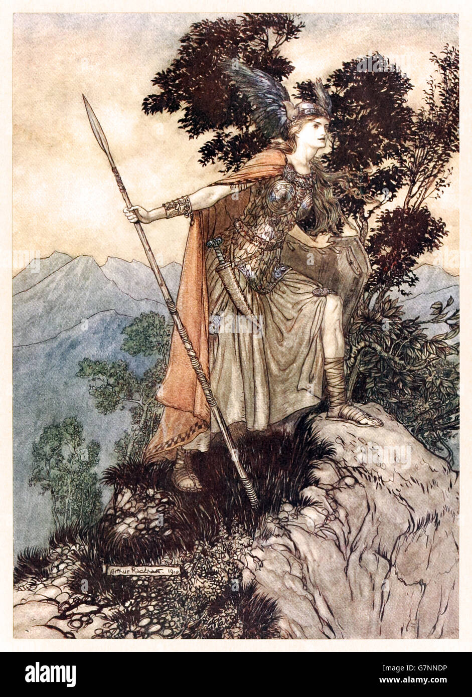 "Brunnhilde" aus "Das Rheingold & Walküre" illustriert von Arthur Rackham (1867-1939), veröffentlicht im Jahr 1910. Brunnhilde schaut auf Siegmund und Sieglinde unten im Tal. Stockfoto