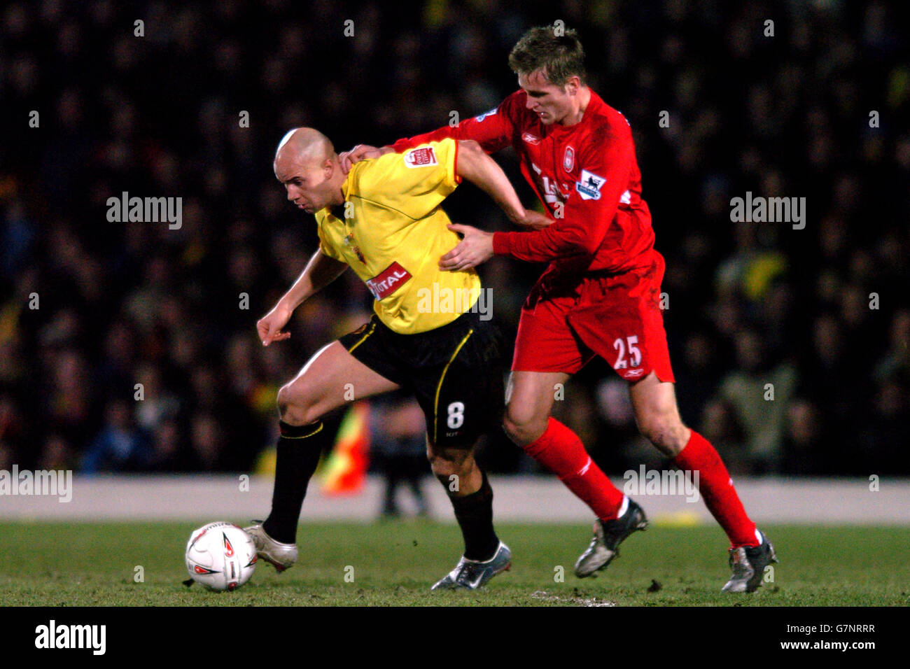 Carling Cup - Halbfinale - zweite Etappe - Watford gegen Liverpool - Vicarage Road Stadium. Watfords Gavin Mahon und Liverpools Igor Biscan Stockfoto