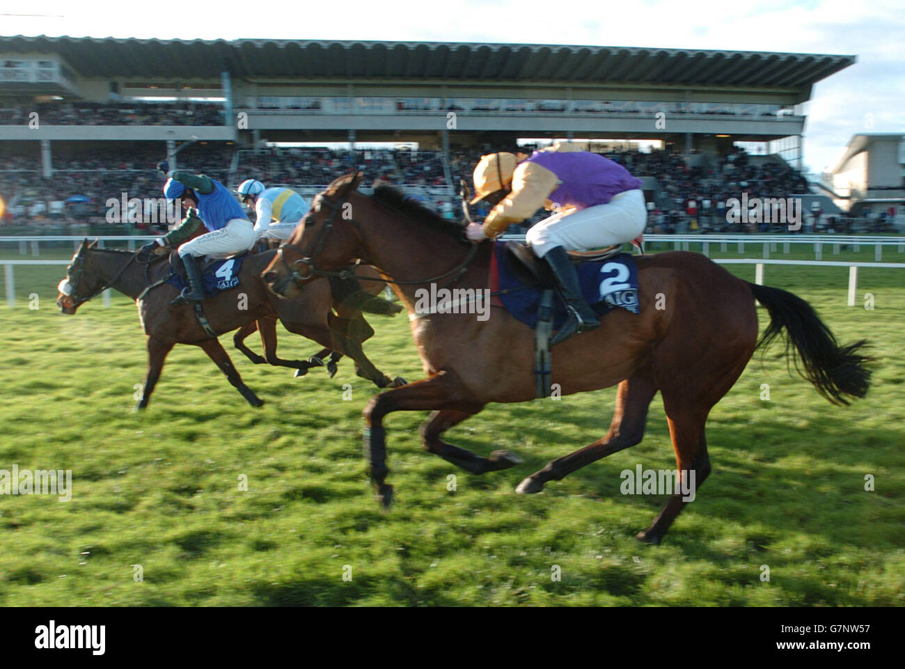 AIB Europe Champions Hurdle - Leopardstown. Macs Joy (Nummer 4) mit Barry Geraghty, der die Hürde der AIB Europe Champions gewann. Stockfoto