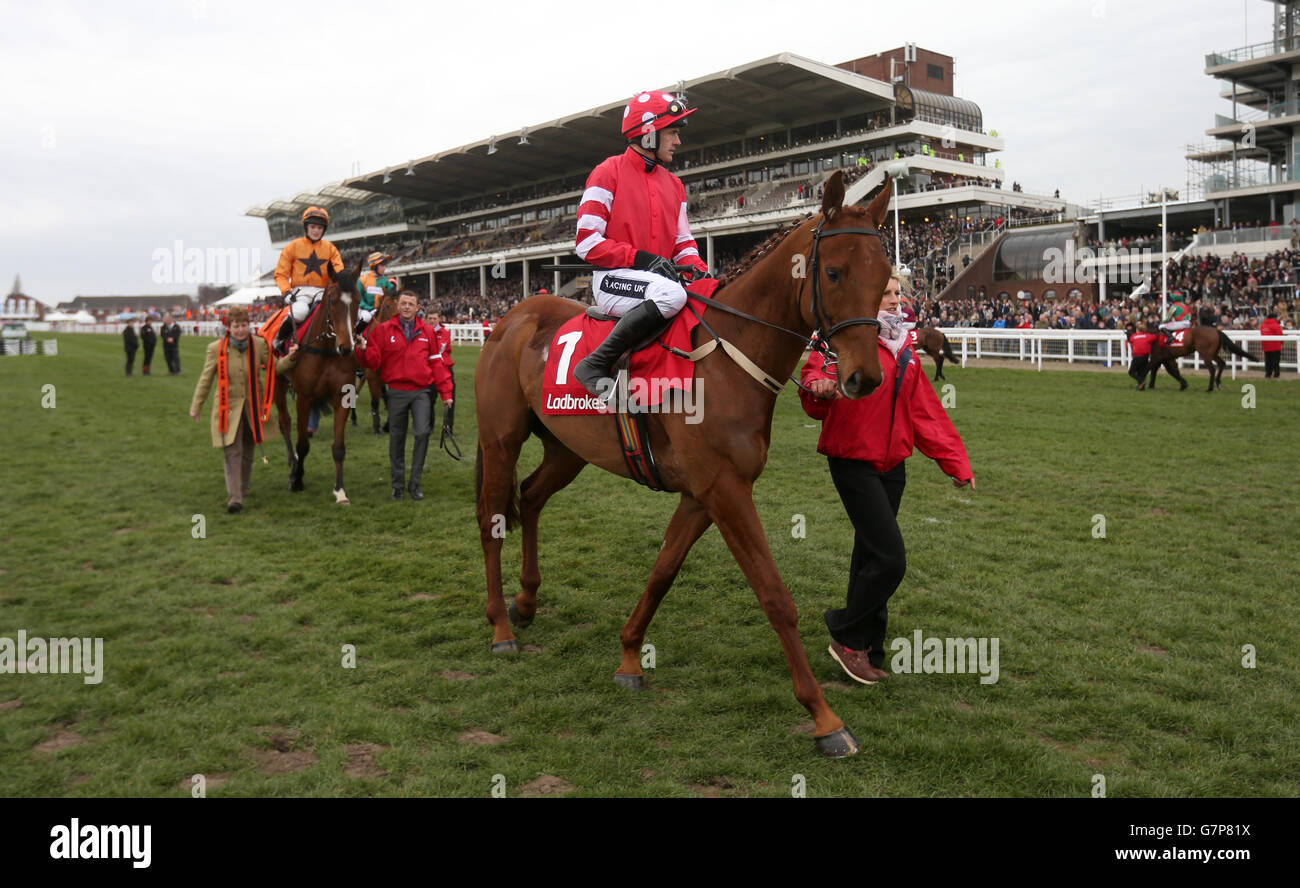 Jockey Ruby Walsh auf Abbyssial vor der Ladbrokes World Hurdle, am St. Patrick's Day während des Cheltenham Festivals auf der Cheltenham Rennbahn. DRÜCKEN SIE VERBANDSFOTO. Bilddatum: Donnerstag, 12. März 2015. Siehe PA Story RACING Cheltenham. Bildnachweis sollte lauten: David Davies/PA Wire. Stockfoto