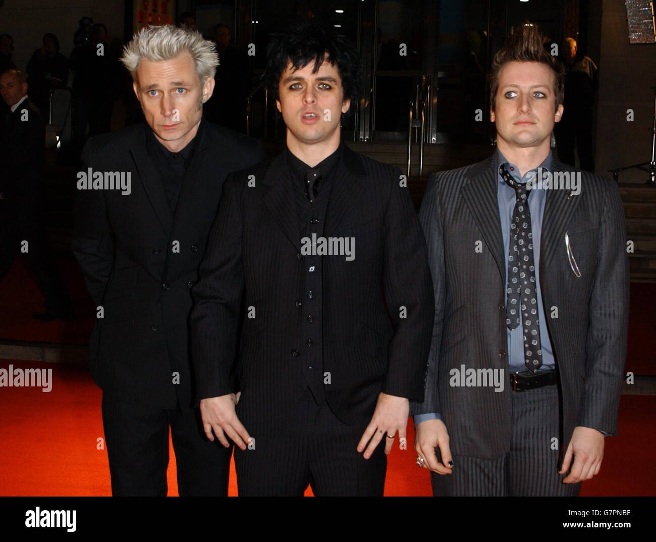 Die amerikanische Band Green Day (links-rechts) Mike Dirnt, Billy Joe Armstrong und Tre Cool. Stockfoto