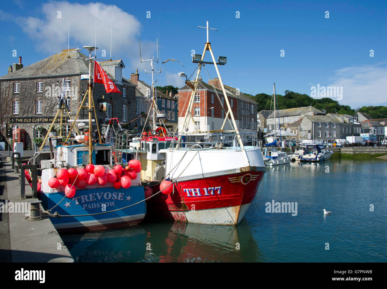 Hafen von Padstow, Cornwall, UK, ein beliebtes Urlaubsziel mit vielen Restaurants und cafes.fish Meeresfrüchte Möwen Rick Stein Stockfoto