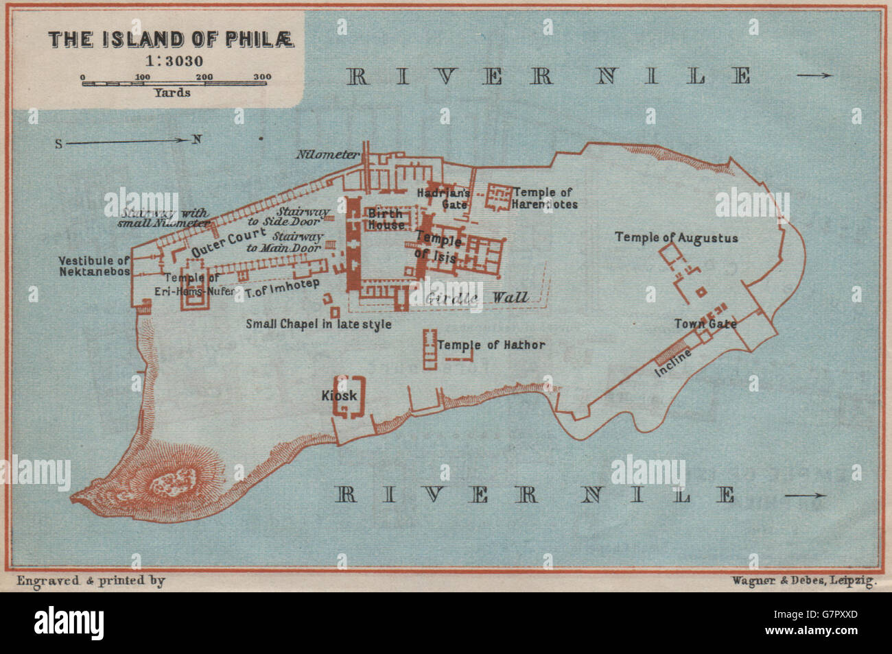 DIE INSEL PHILAE. Tempel der Isis. Grundriss-Skizze. Ägypten. BAEDEKER, 1914 Karte Stockfoto