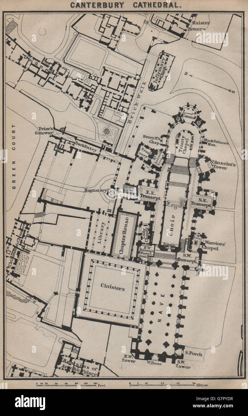 Grundriss der Kathedrale von CANTERBURY. Kent. BAEDEKER, 1910 Antike Landkarte Stockfoto