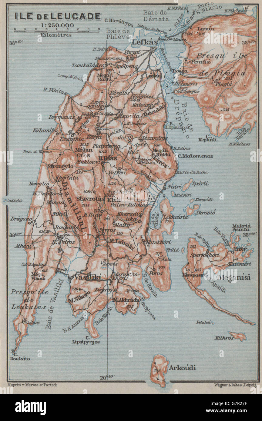 LEFKADA / LEUCAS / LEUCADIA Insel. Meganisi Arkoudi. Topo-Karte. Griechenland, 1909 Stockfoto