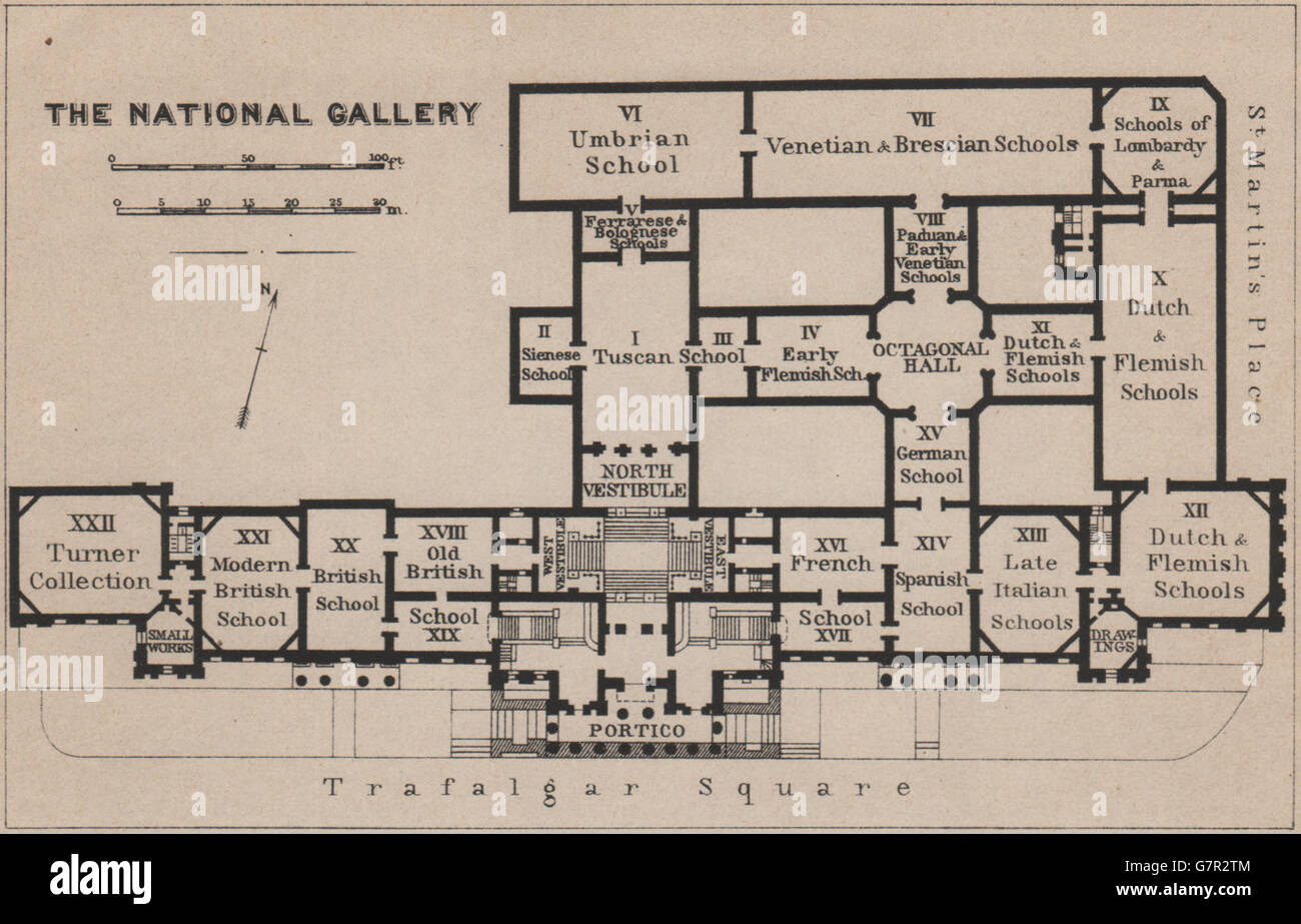 DIE NATIONAL GALLERY Grundriss. Trafalgar Square. London. BAEDEKER, 1905-Karte Stockfoto