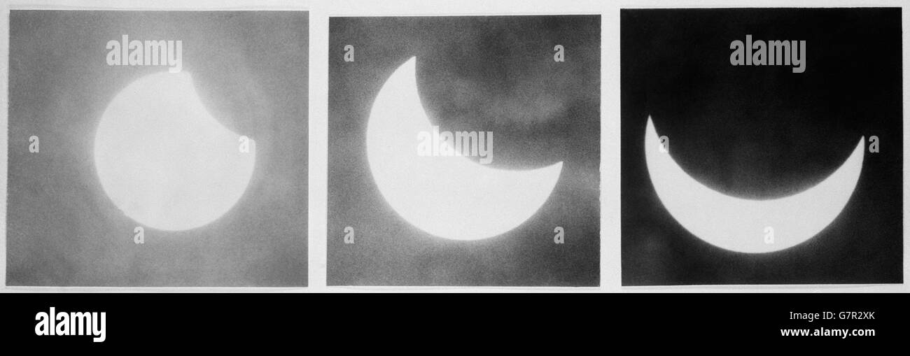 Hier sind drei Phasen der Sonnenfinsternis von London aus zu sehen. Zu Beginn des Phänomens wird nur ein kleiner Teil der Sonnenscheibe vom Mond verdeckt, aber in der Endphase der Sonnenfinsternis (ganz rechts) bleibt nur ein halbmondförmiges Viertel der Sonne sichtbar. In anderen Teilen der Welt war die Finsternis total. Eine ähnliche Finsternis wird erst am 14. Juni 2151, also 197 Jahre, zu sehen sein. Stockfoto