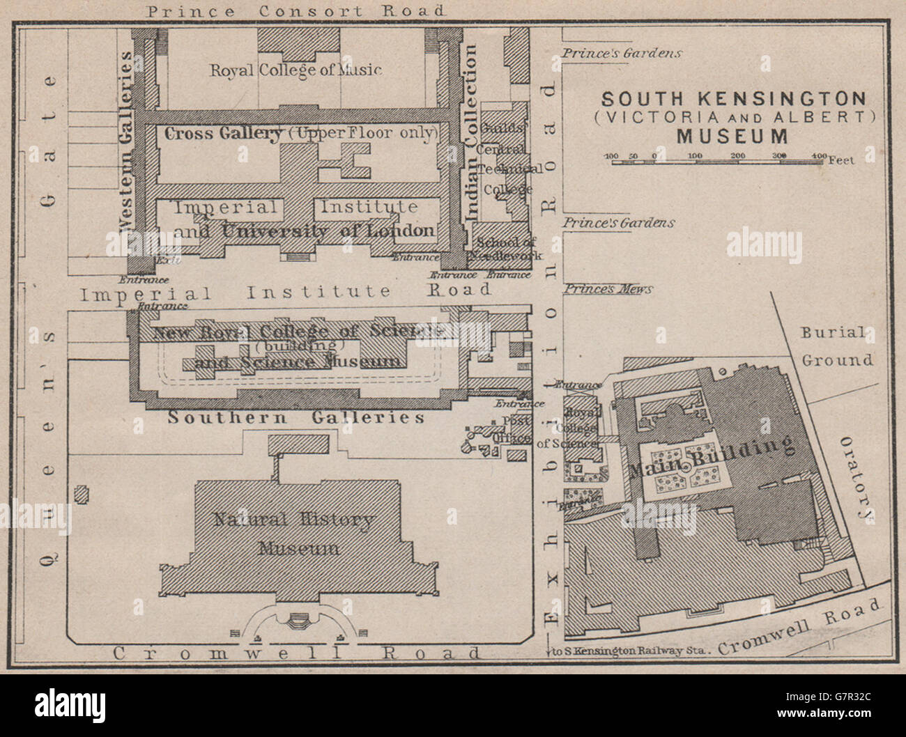 ALBERTOPOLIS Imperial College Victoria & Albert/Natural History Museum, 1905-Karte Stockfoto