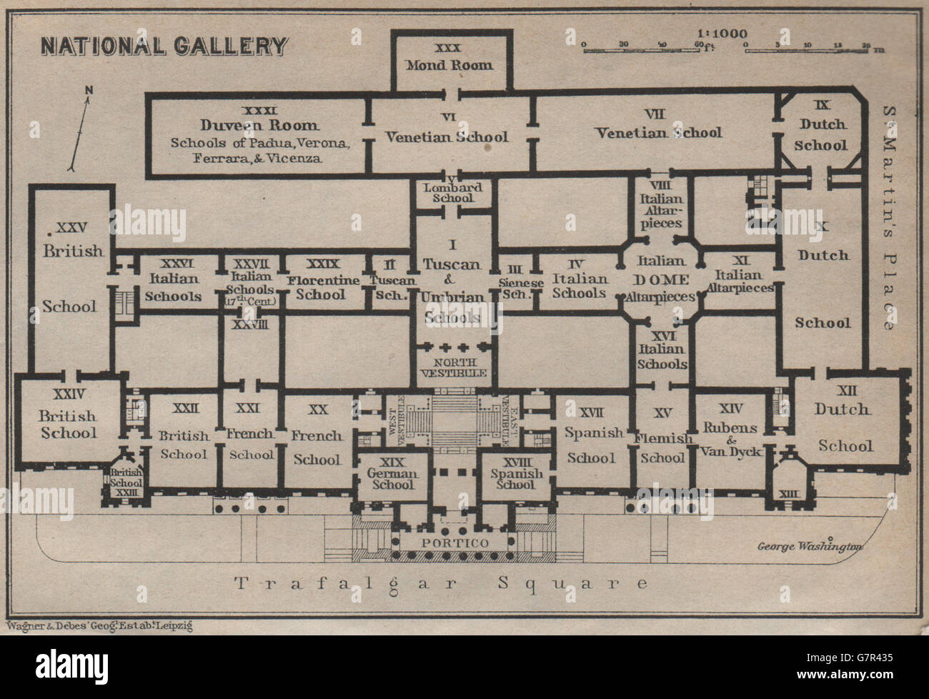 DIE NATIONAL GALLERY Grundriss. Trafalgar Square. London. BAEDEKER, 1930 Karte Stockfoto