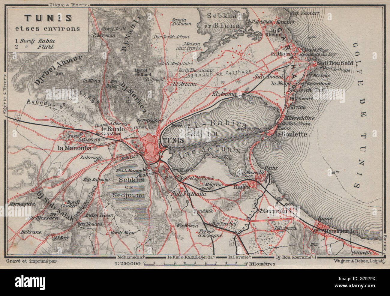 TUNIS & Umgebung. Ariana Carthage La Goulette. Tunesien-Carte. BAEDEKER, 1911-Karte Stockfoto