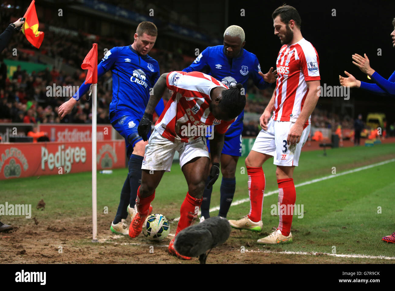 Victor Moses (Mitte) von Stoke City schützt den Ball in der Ecke vor James McCarthy von Everton (links) und Arouna Kone während des Barclays Premier League-Spiels im Britannia Stadium, Stoke. Stockfoto