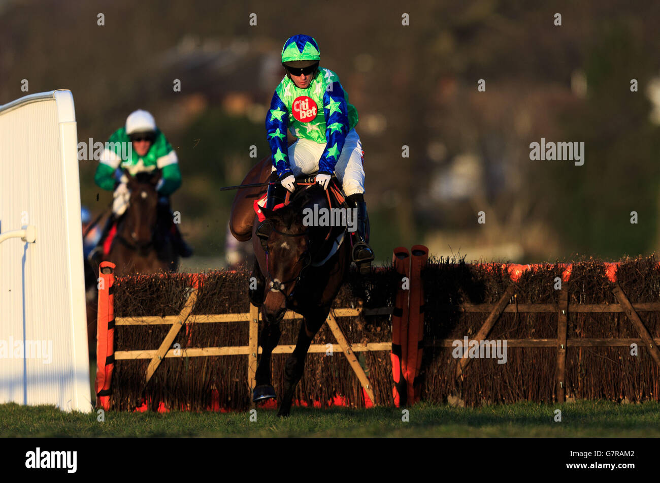 Desert Queen von Noel Fehily auf dem Weg zum Sieg der Novizen-Hürde von Anne Boleyn Mares beim Grand Military Gold Cup Day auf der Sandown Park Racecourse. Stockfoto