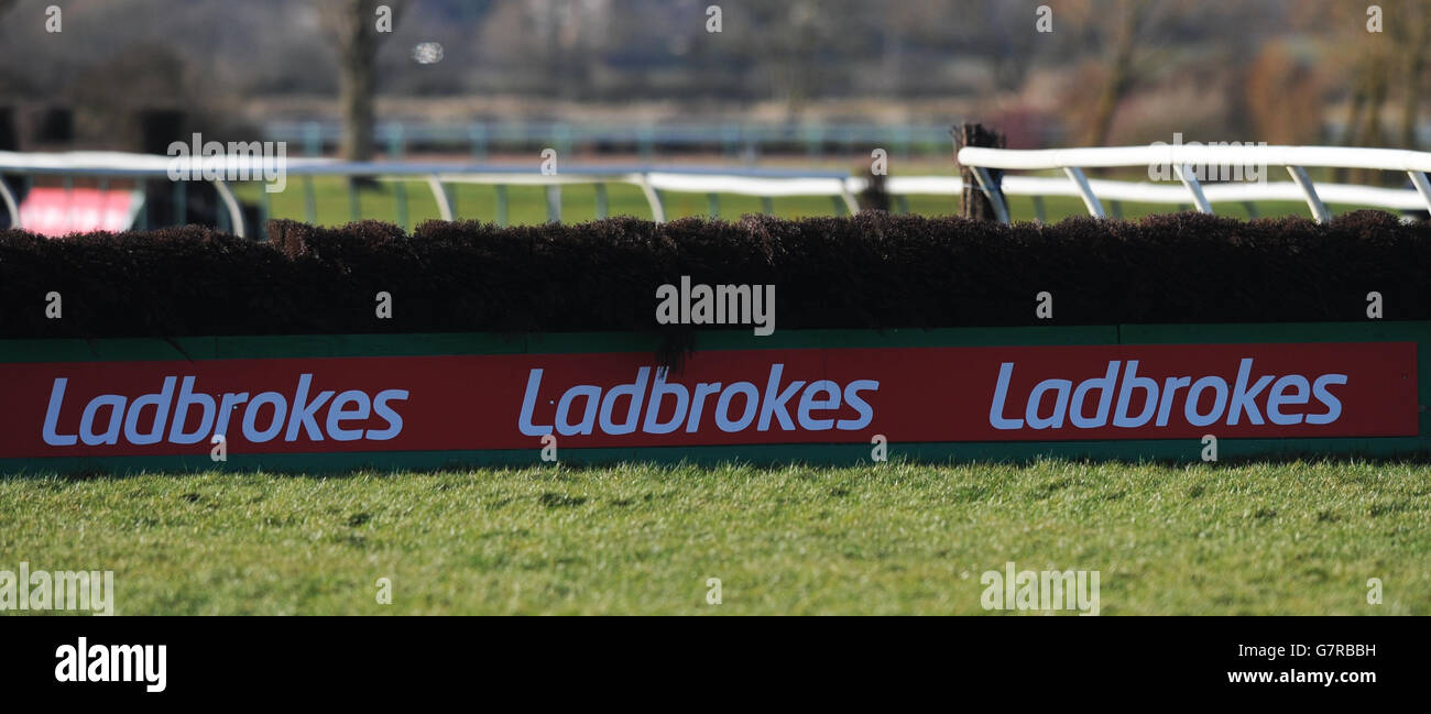 Pferderennen - Southwell Racecourse. Ladbrokes Branding auf der letzten Hürde Stockfoto